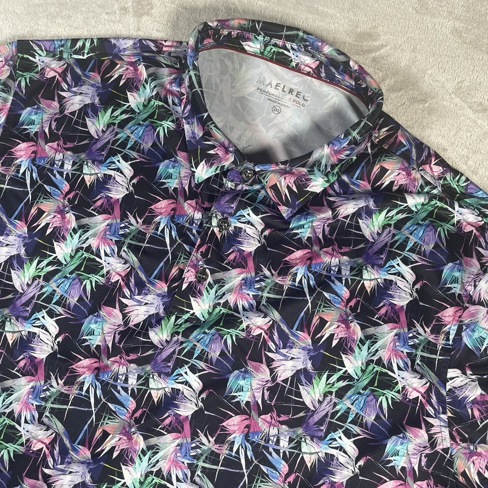 Maelreg Performance Polo Shirt‎ Men's 2XL Black Floral Lightweight Golf UPF